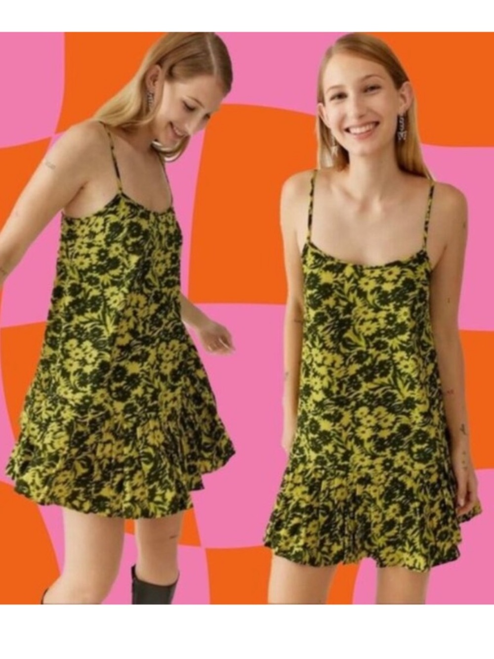 Urban Outfitters | Camille Mini Frock Dress Yellow Green Digitized Floral Print